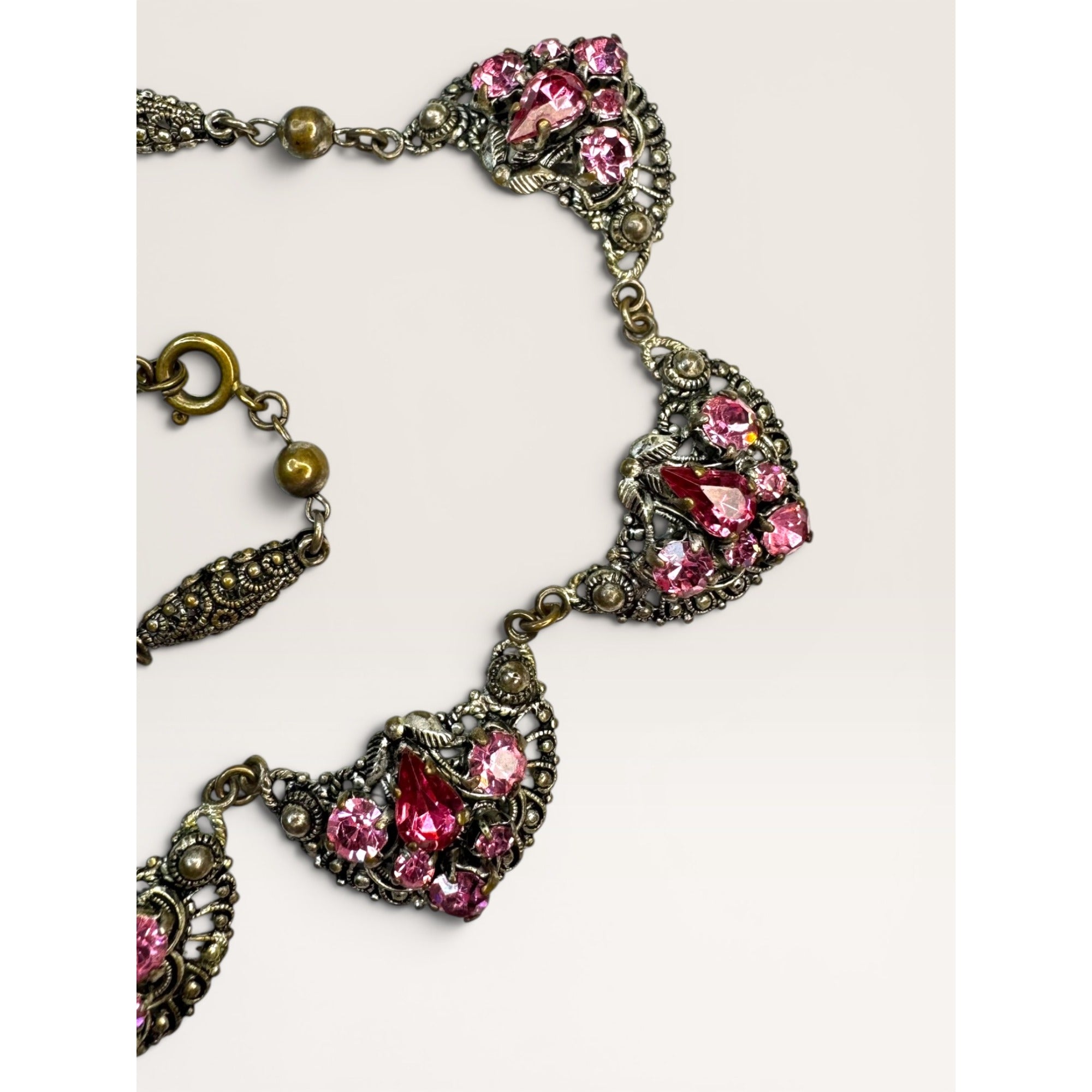 Brass Filigree Choker Festoon Necklace Pink Glass Crystals Art Deco 16"