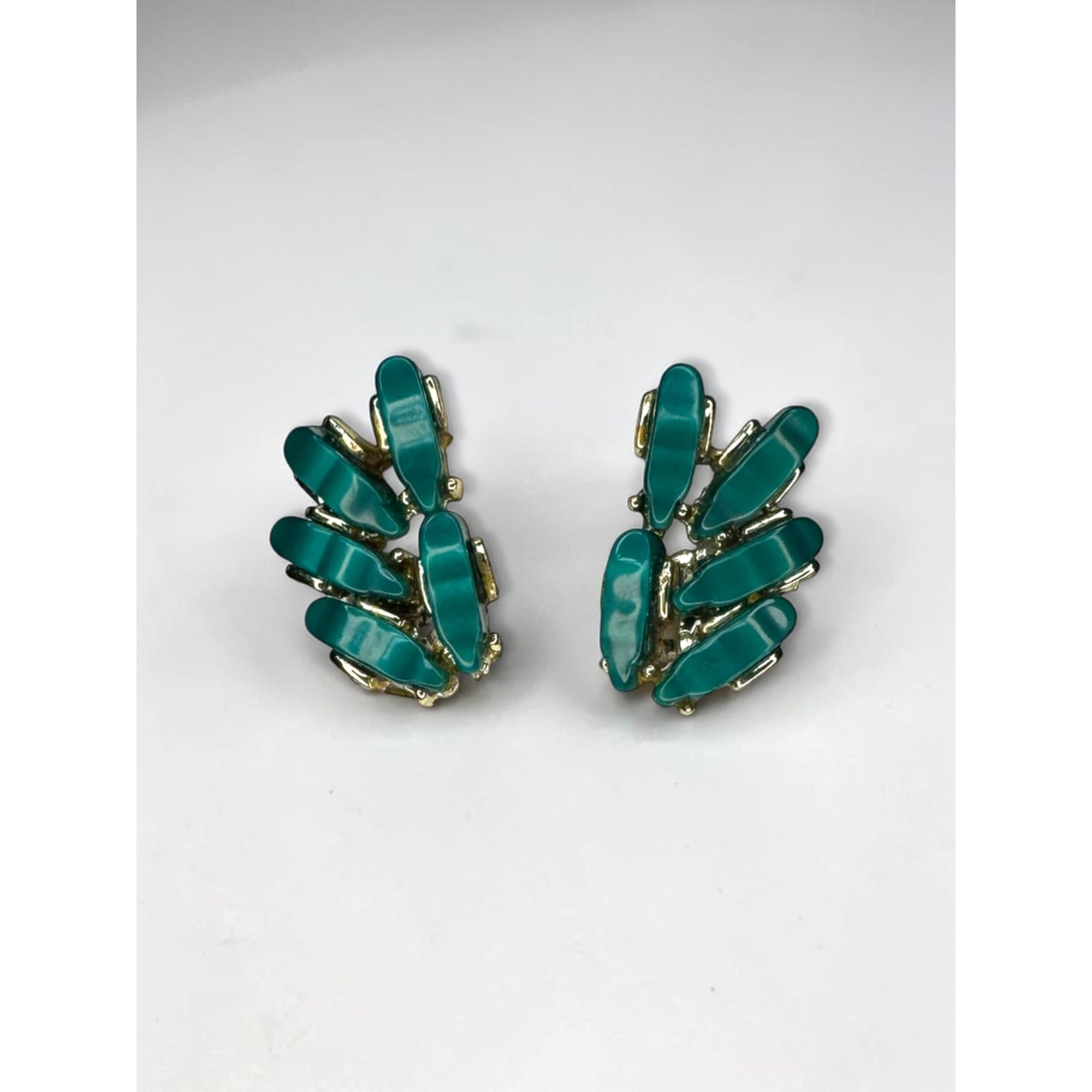 Teal Lucite Leaf Cluster Clip On Earrings Gold Tone 1960s Vintage