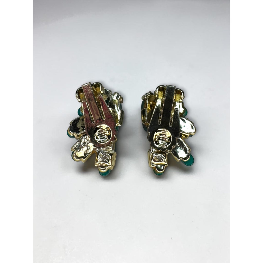 Teal Lucite Leaf Cluster Clip On Earrings Gold Tone 1960s Vintage
