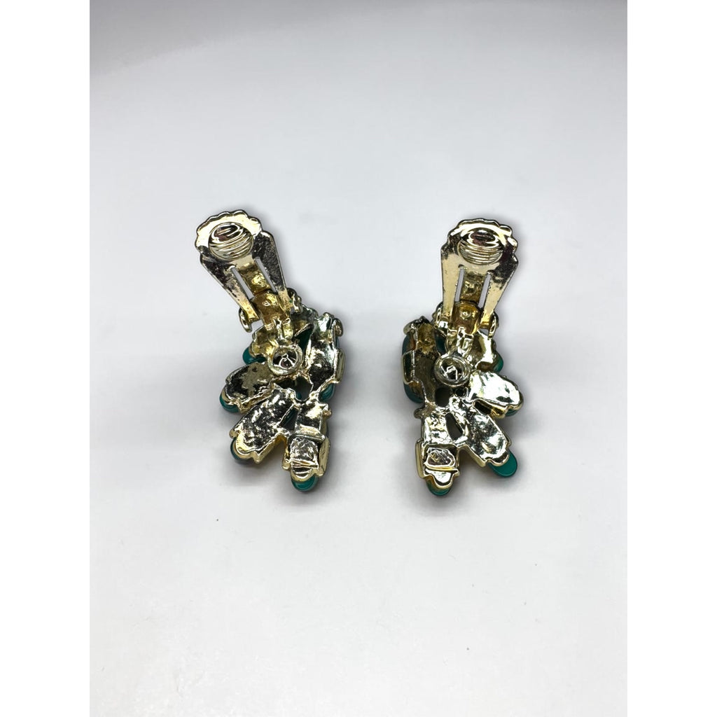 Teal Lucite Leaf Cluster Clip On Earrings Gold Tone 1960s Vintage