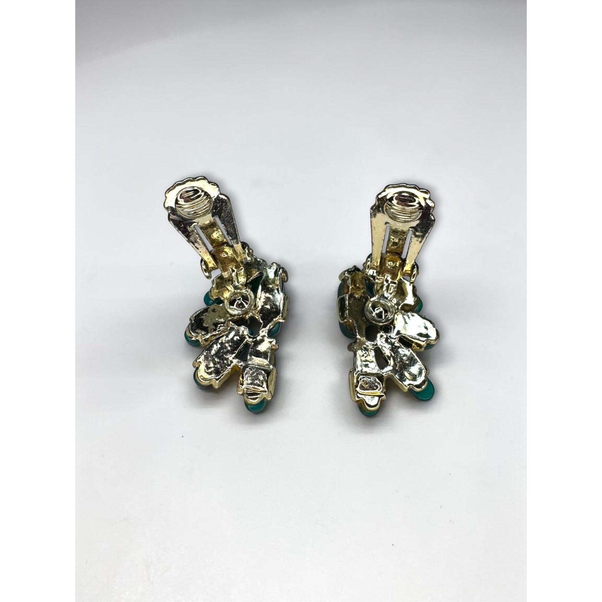 Teal Lucite Leaf Cluster Clip On Earrings Gold Tone 1960s Vintage