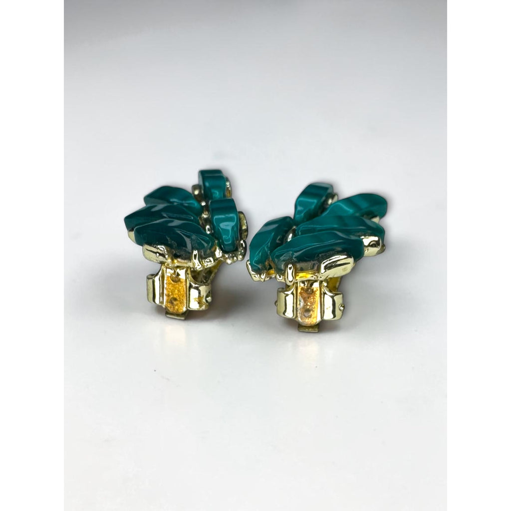 Teal Lucite Leaf Cluster Clip On Earrings Gold Tone 1960s Vintage