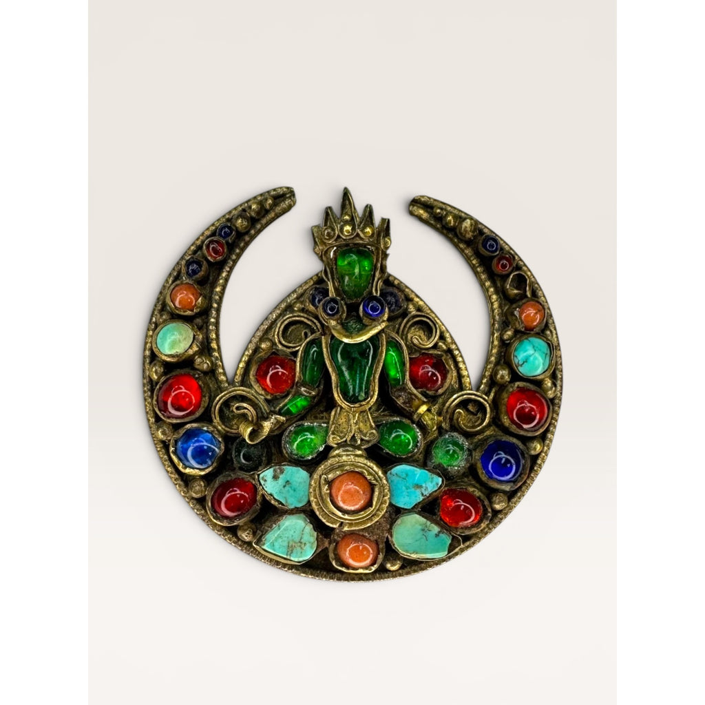 Tibetan Brass Crescent Brooch Green Glass Buddha Turquoise Coral Cabochon