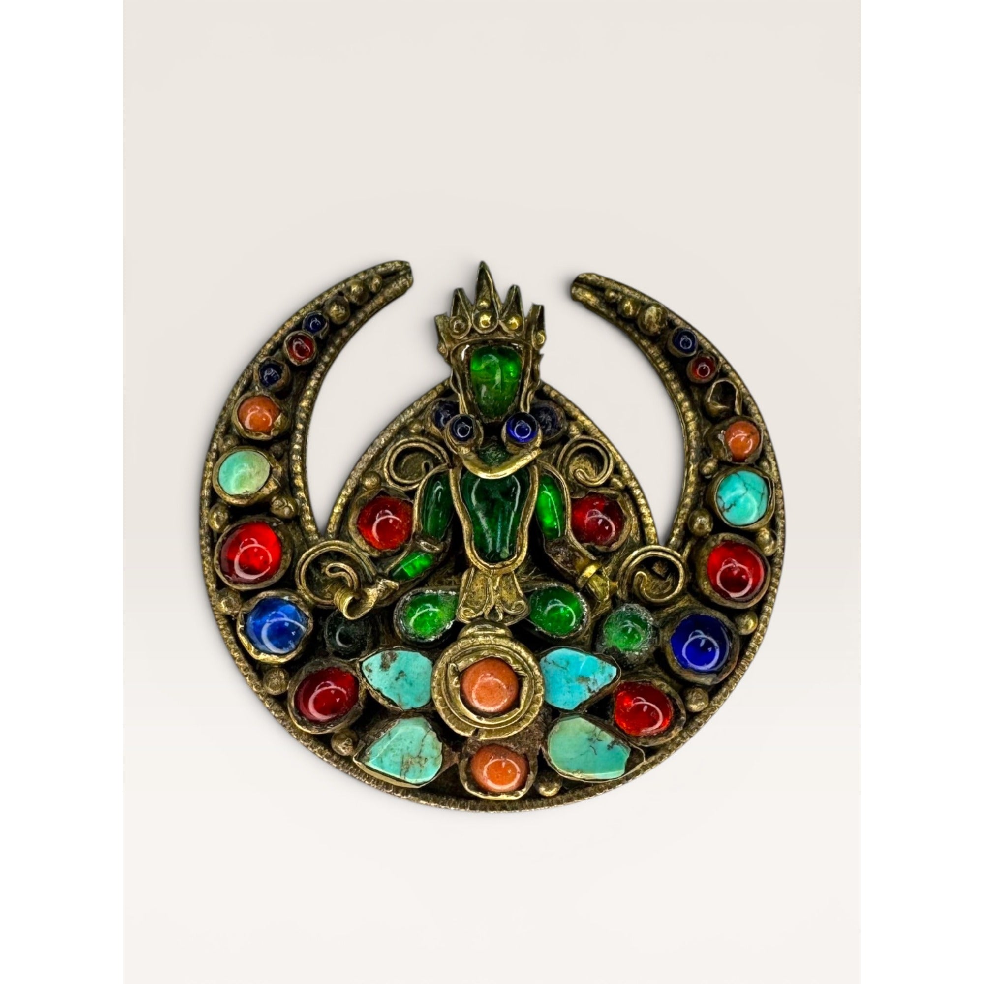 Tibetan Brass Crescent Brooch Green Glass Buddha Turquoise Coral Cabochon