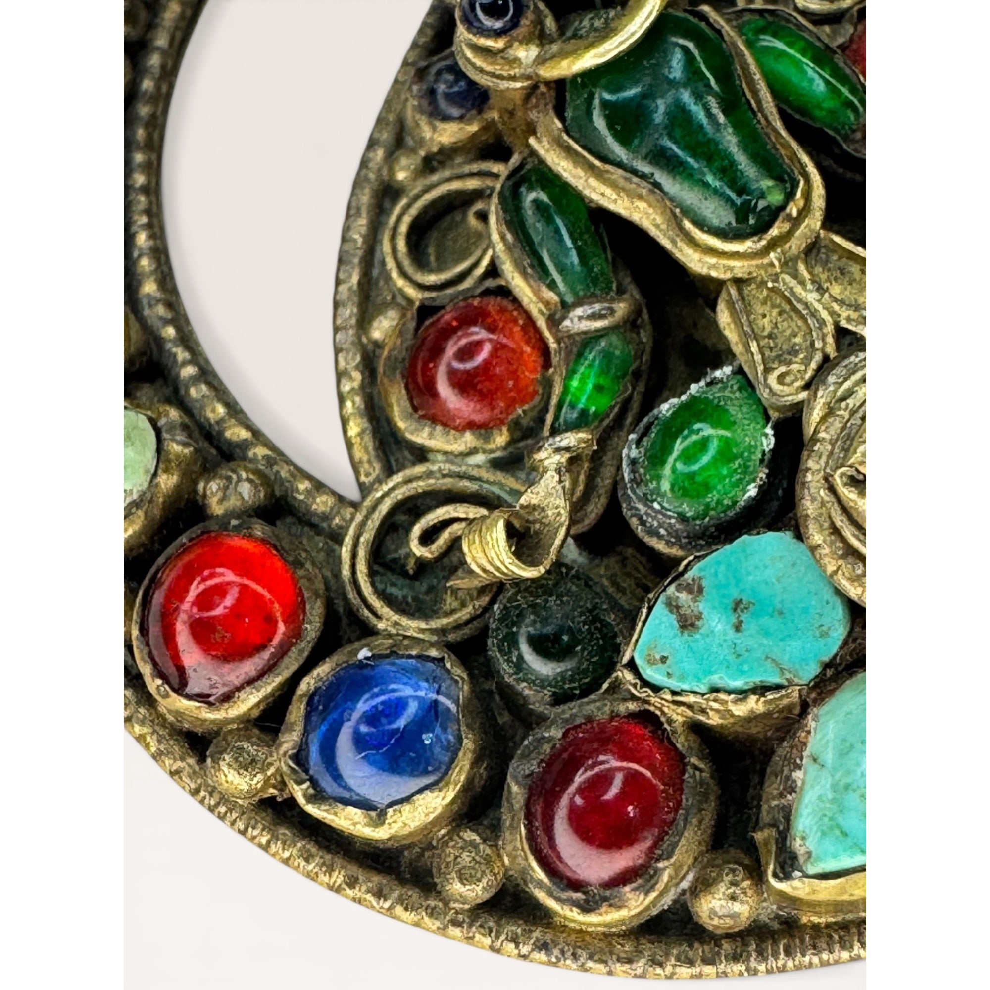 Tibetan Brass Crescent Brooch Green Glass Buddha Turquoise Coral Cabochon