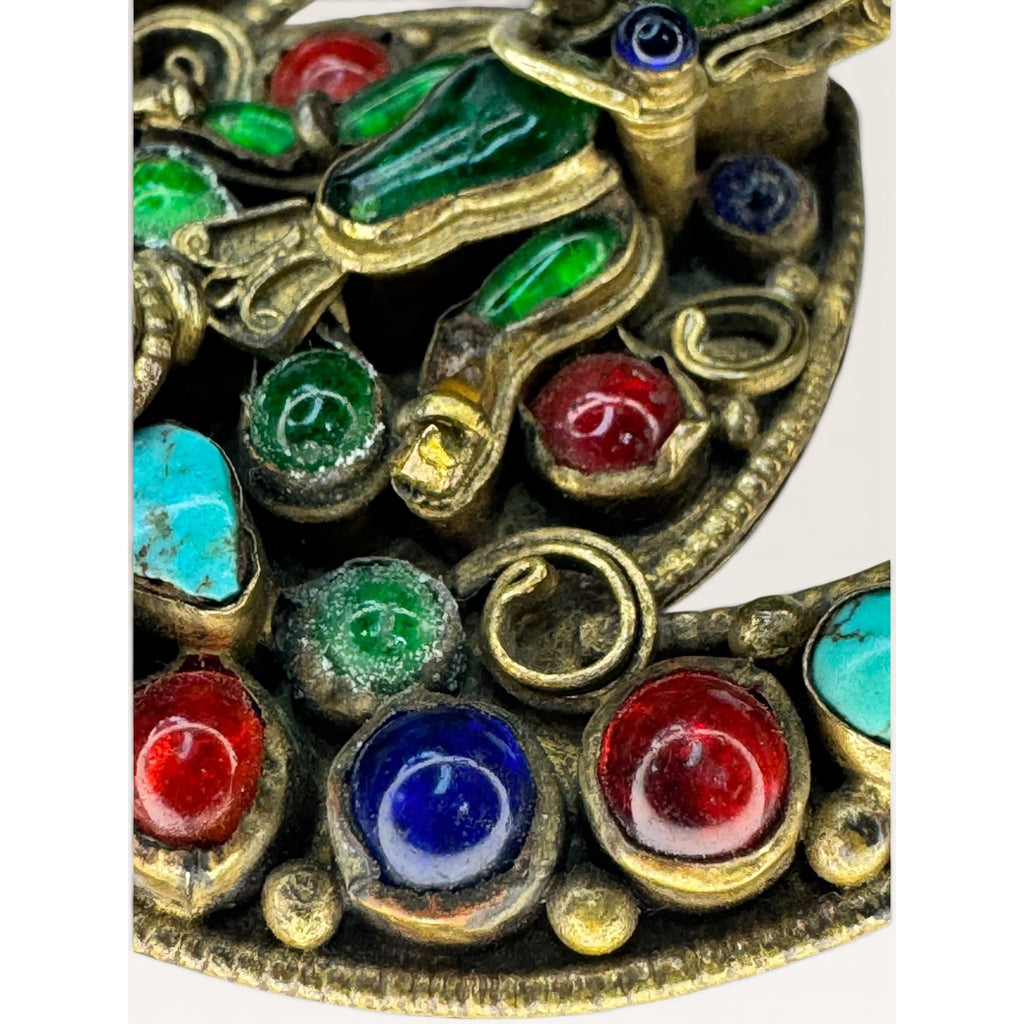 Tibetan Brass Crescent Brooch Green Glass Buddha Turquoise Coral Cabochon
