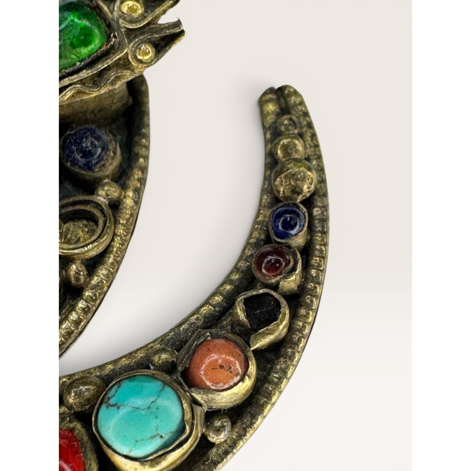 Tibetan Brass Crescent Brooch Green Glass Buddha Turquoise Coral Cabochon