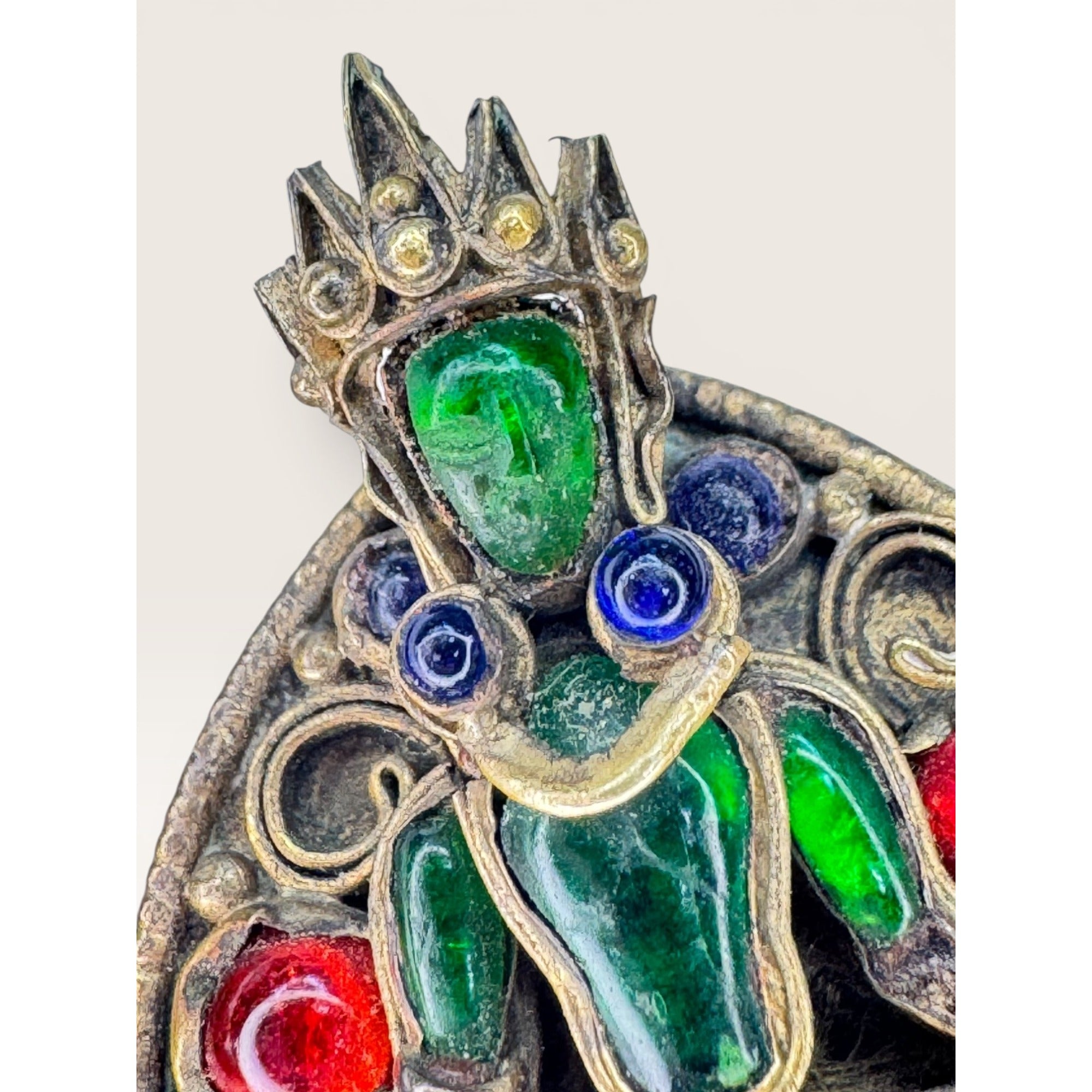 Tibetan Brass Crescent Brooch Green Glass Buddha Turquoise Coral Cabochon