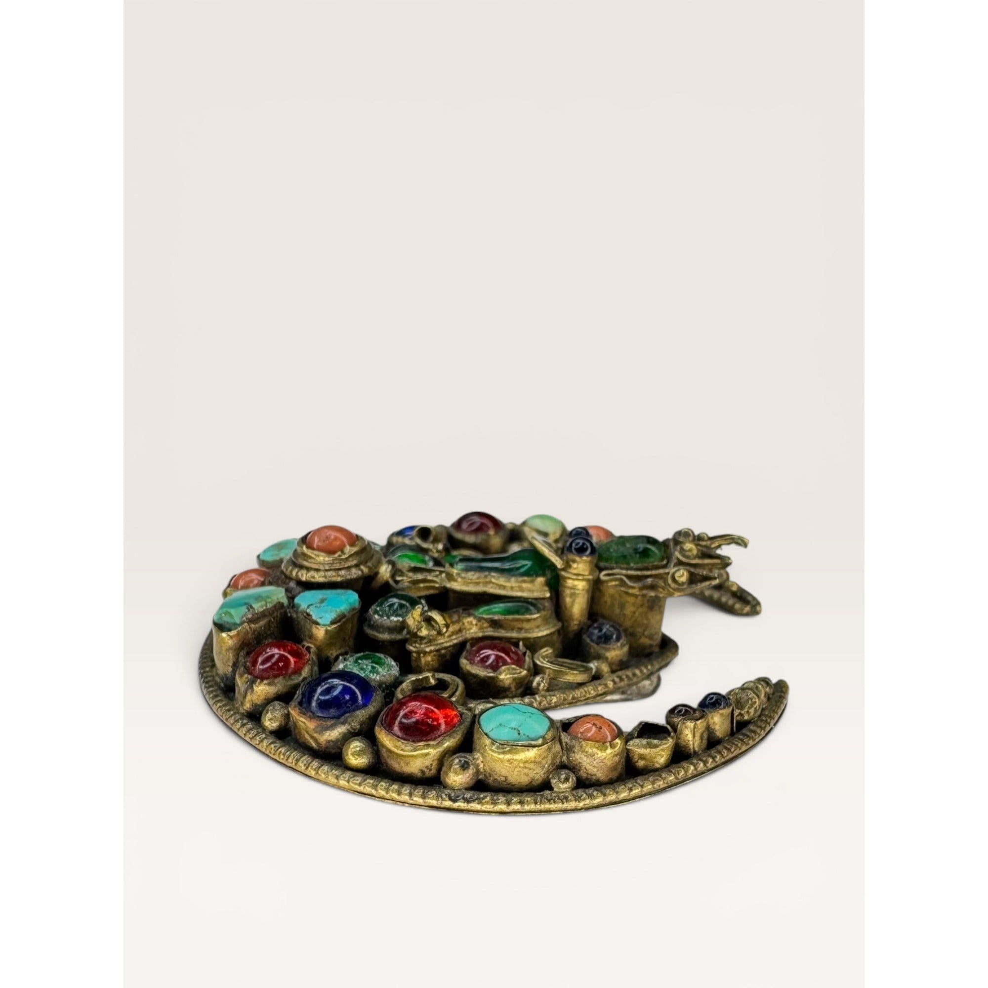 Tibetan Brass Crescent Brooch Green Glass Buddha Turquoise Coral Cabochon