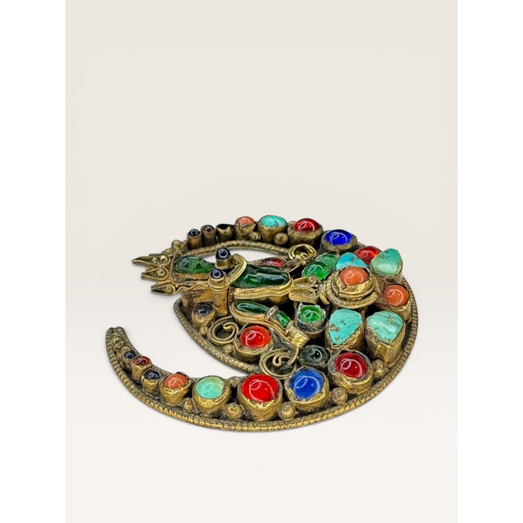 Tibetan Brass Crescent Brooch Green Glass Buddha Turquoise Coral Cabochon