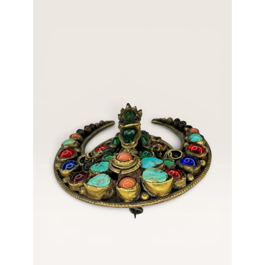 Tibetan Brass Crescent Brooch Green Glass Buddha Turquoise Coral Cabochon