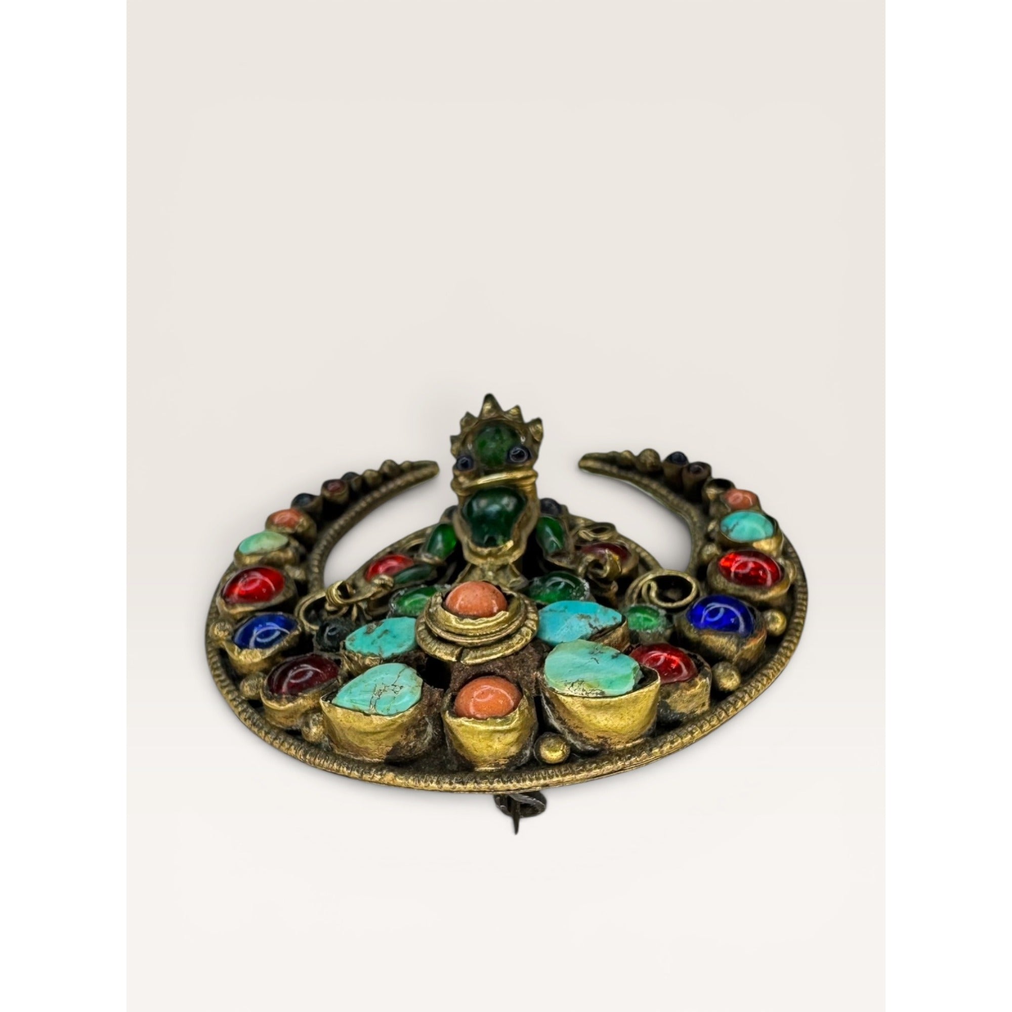 Tibetan Brass Crescent Brooch Green Glass Buddha Turquoise Coral Cabochon