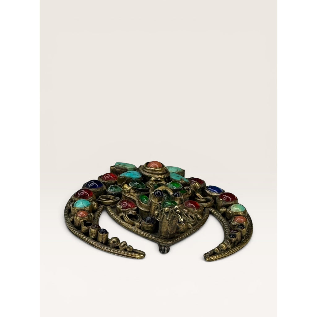 Tibetan Brass Crescent Brooch Green Glass Buddha Turquoise Coral Cabochon