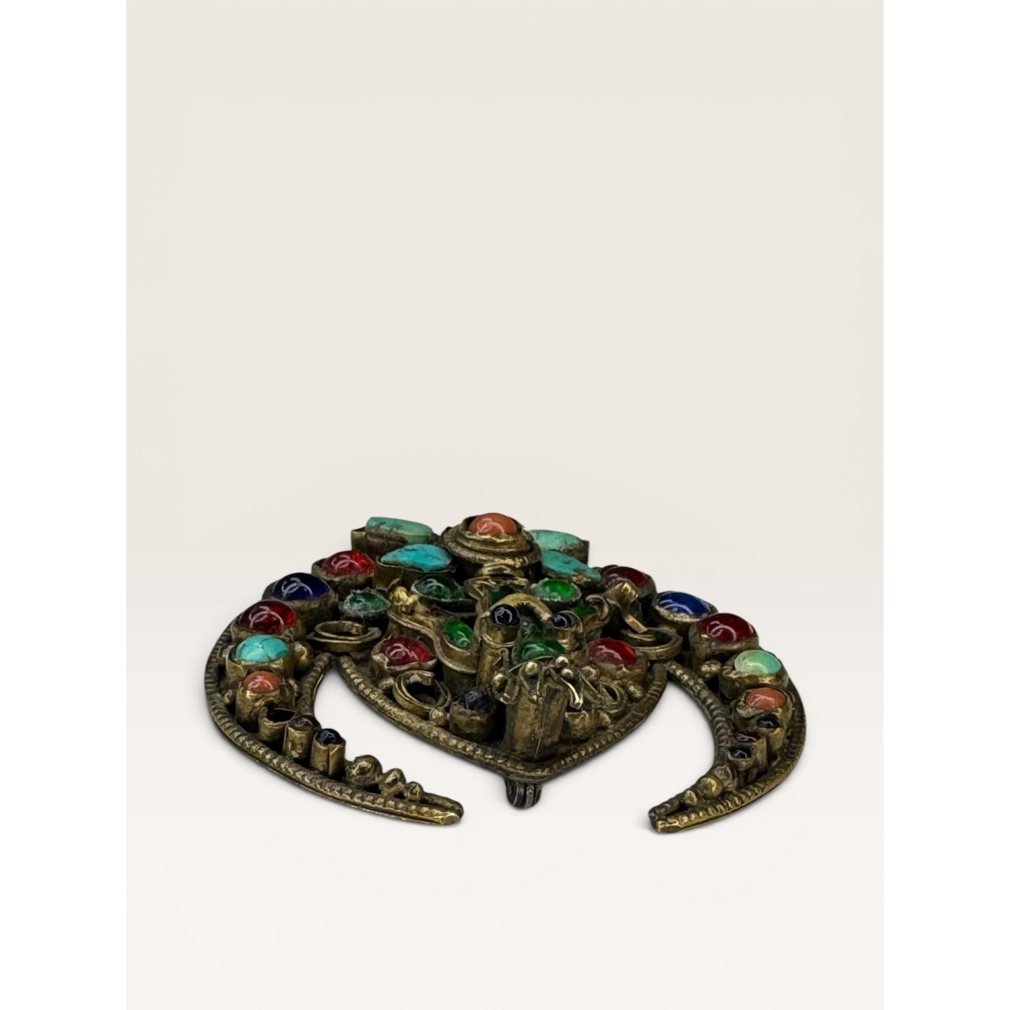 Tibetan Brass Crescent Brooch Green Glass Buddha Turquoise Coral Cabochon