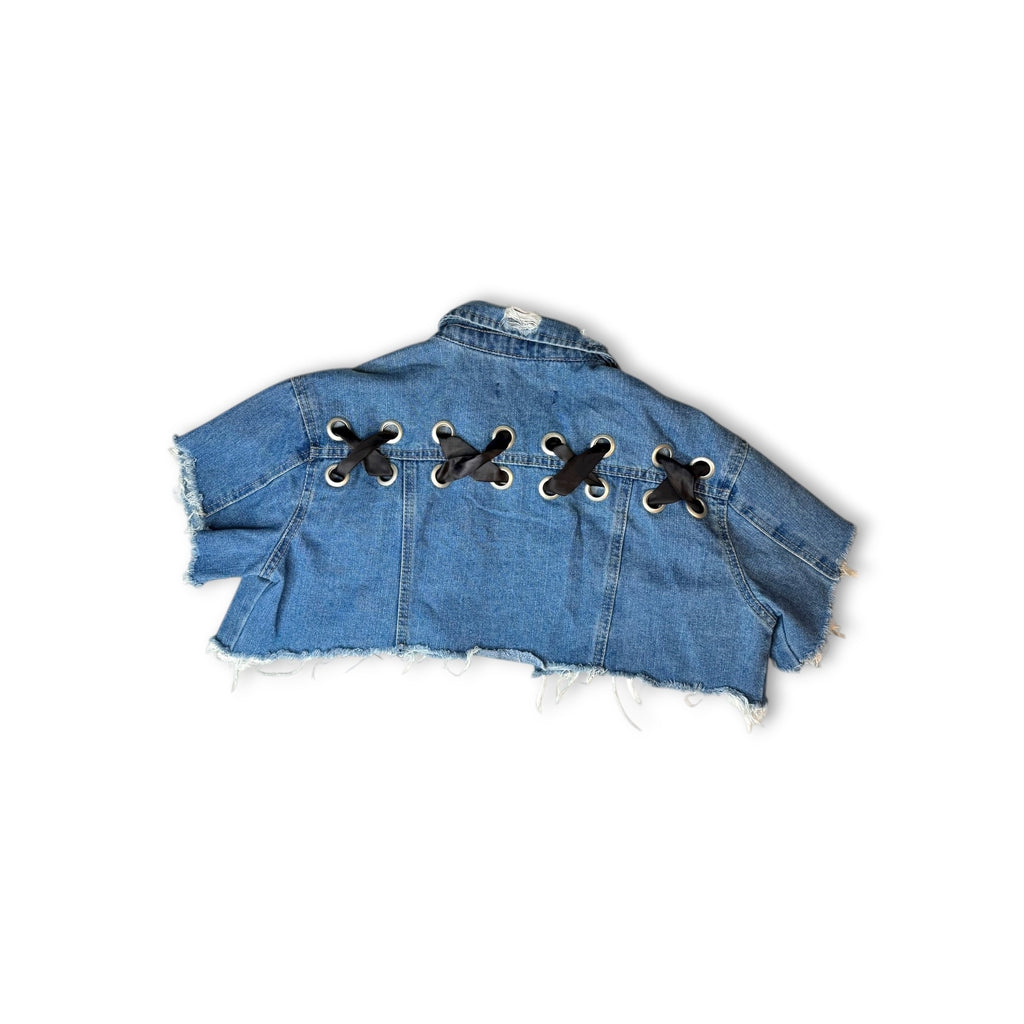Crave Fame Denim Crop Jacket Distressed Hem Lace-Up Back Size Small