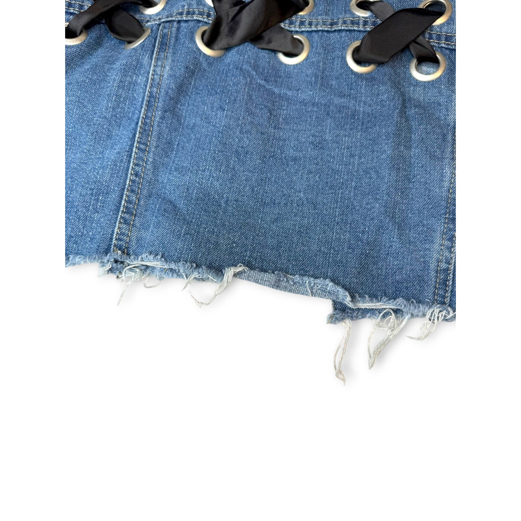 Crave Fame Denim Crop Jacket Distressed Hem Lace-Up Back Size Small