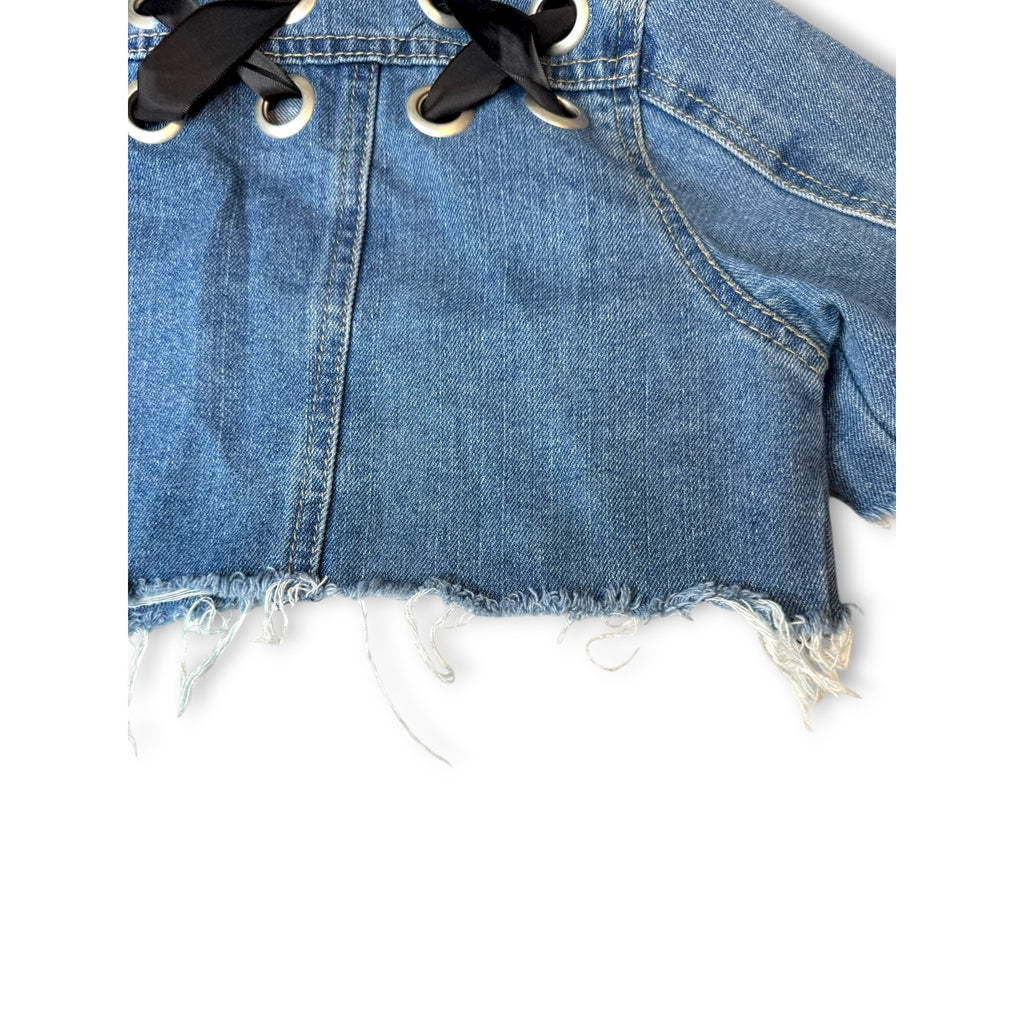 Crave Fame Denim Crop Jacket Distressed Hem Lace-Up Back Size Small