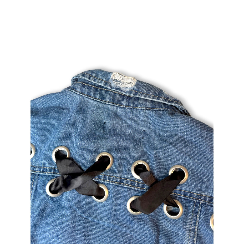 Crave Fame Denim Crop Jacket Distressed Hem Lace-Up Back Size Small