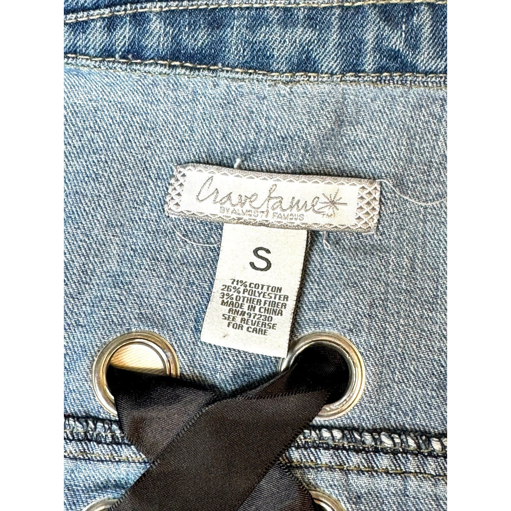 Crave Fame Denim Crop Jacket Distressed Hem Lace-Up Back Size Small
