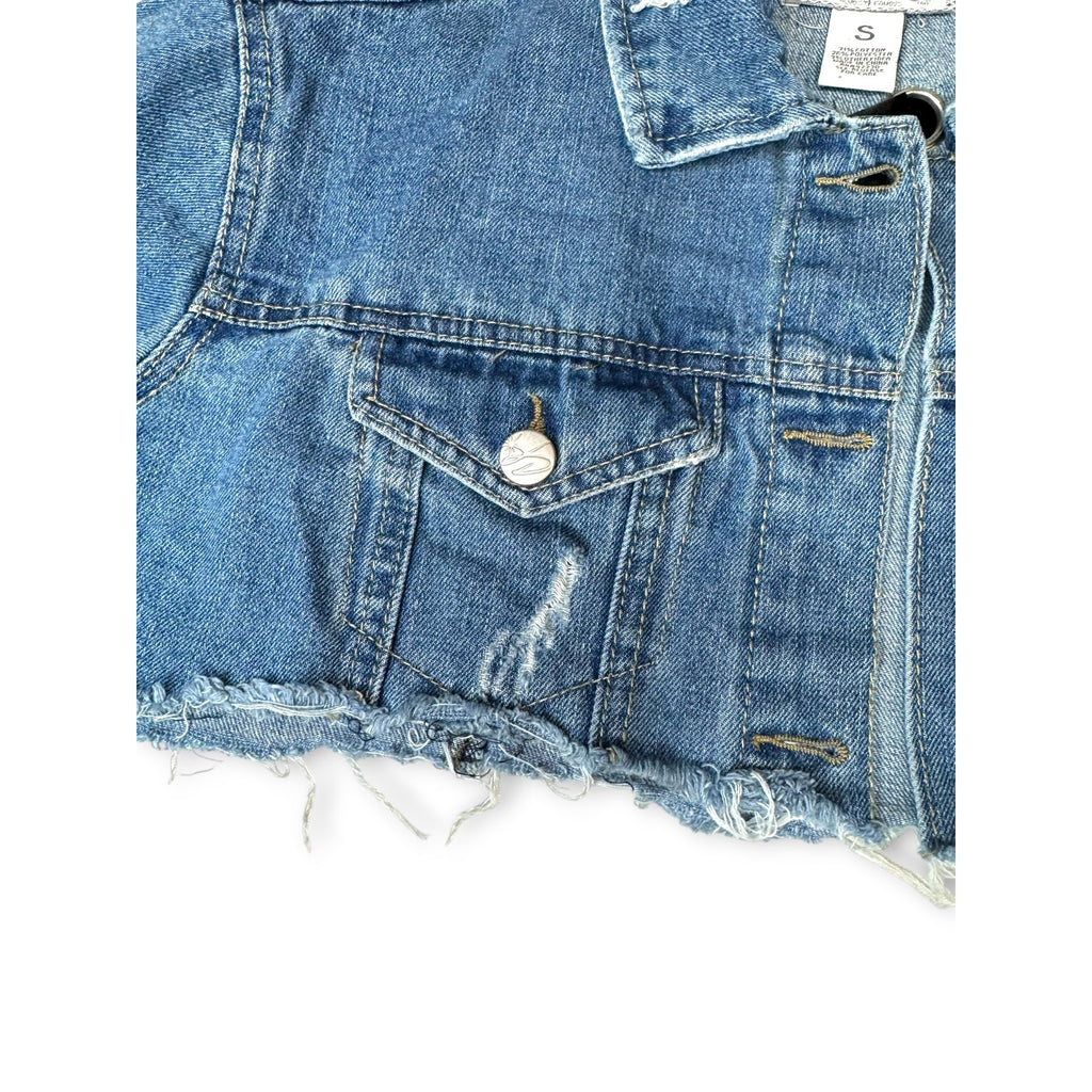 Crave Fame Denim Crop Jacket Distressed Hem Lace-Up Back Size Small