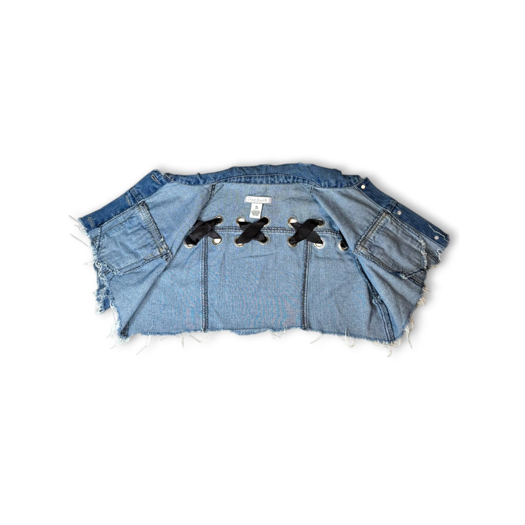 Crave Fame Denim Crop Jacket Distressed Hem Lace-Up Back Size Small