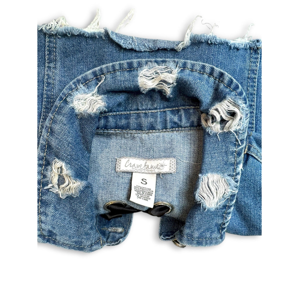 Crave Fame Denim Crop Jacket Distressed Hem Lace-Up Back Size Small