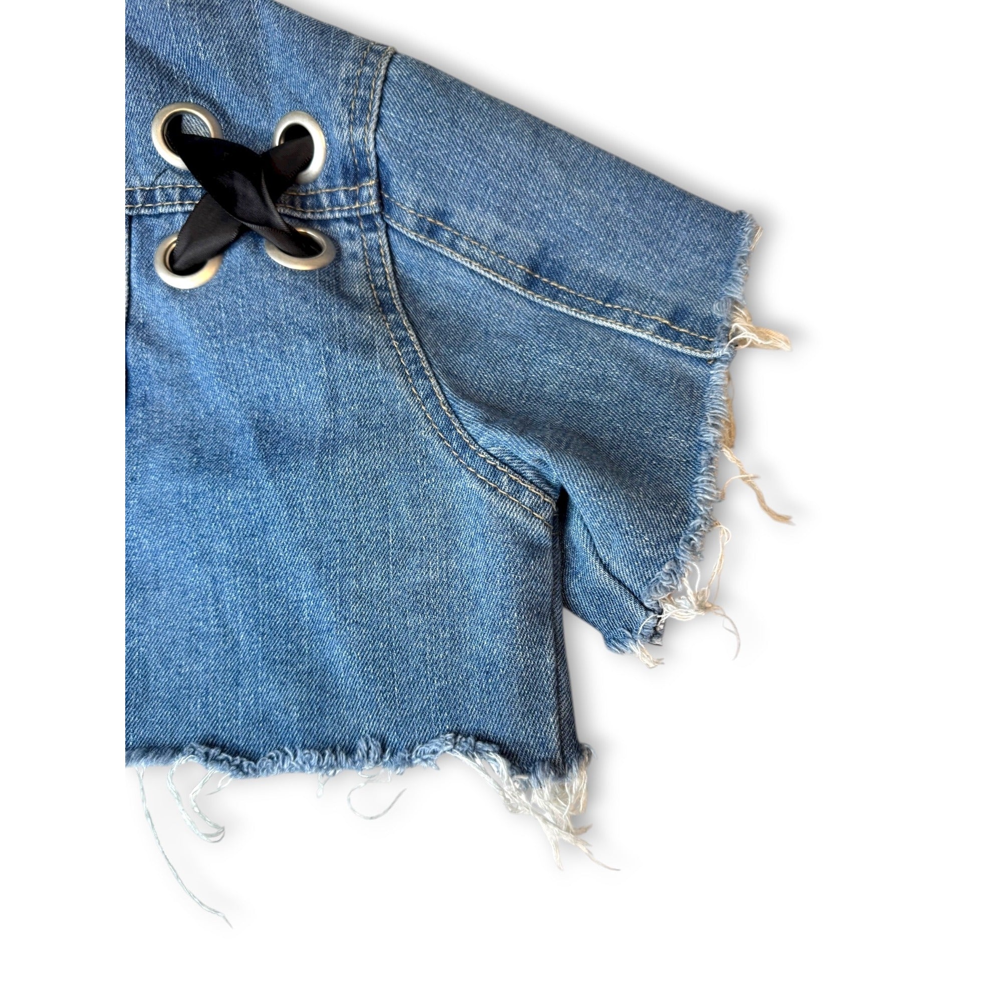 Crave Fame Denim Crop Jacket Distressed Hem Lace-Up Back Size Small