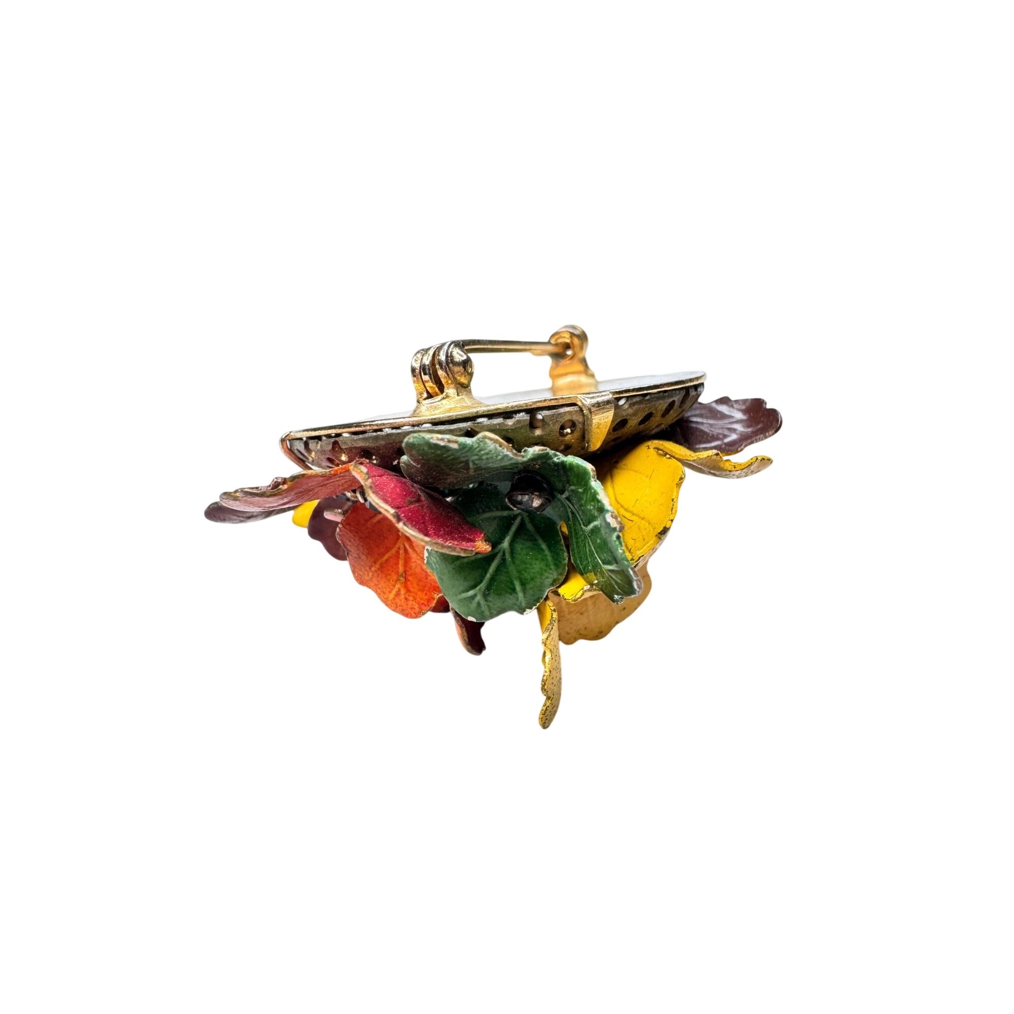 Unsigned Brooch Multicolor Enamel Leaf Cluster Crystal Floral 1960s Vintage