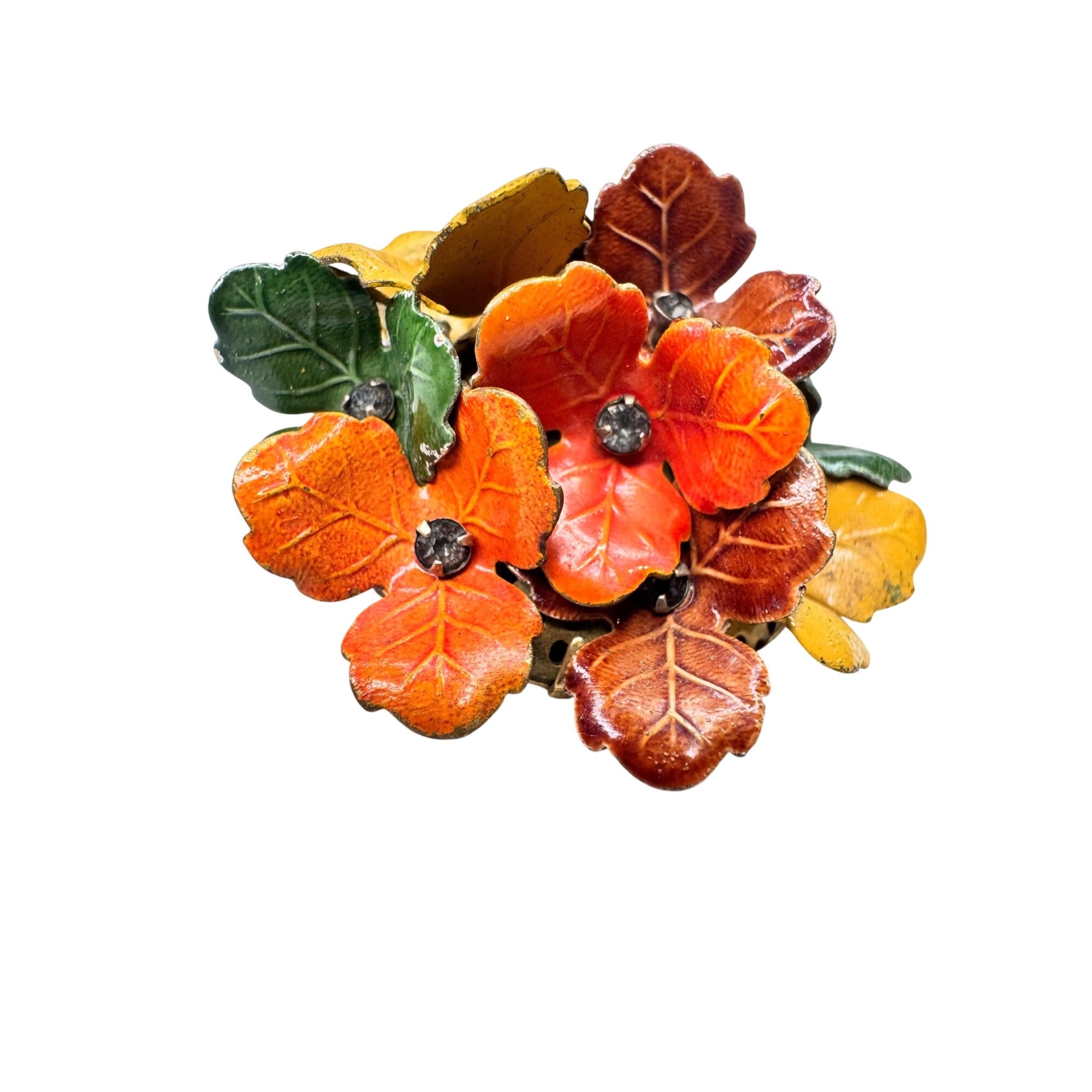 Unsigned Brooch Multicolor Enamel Leaf Cluster Crystal Floral 1960s Vintage