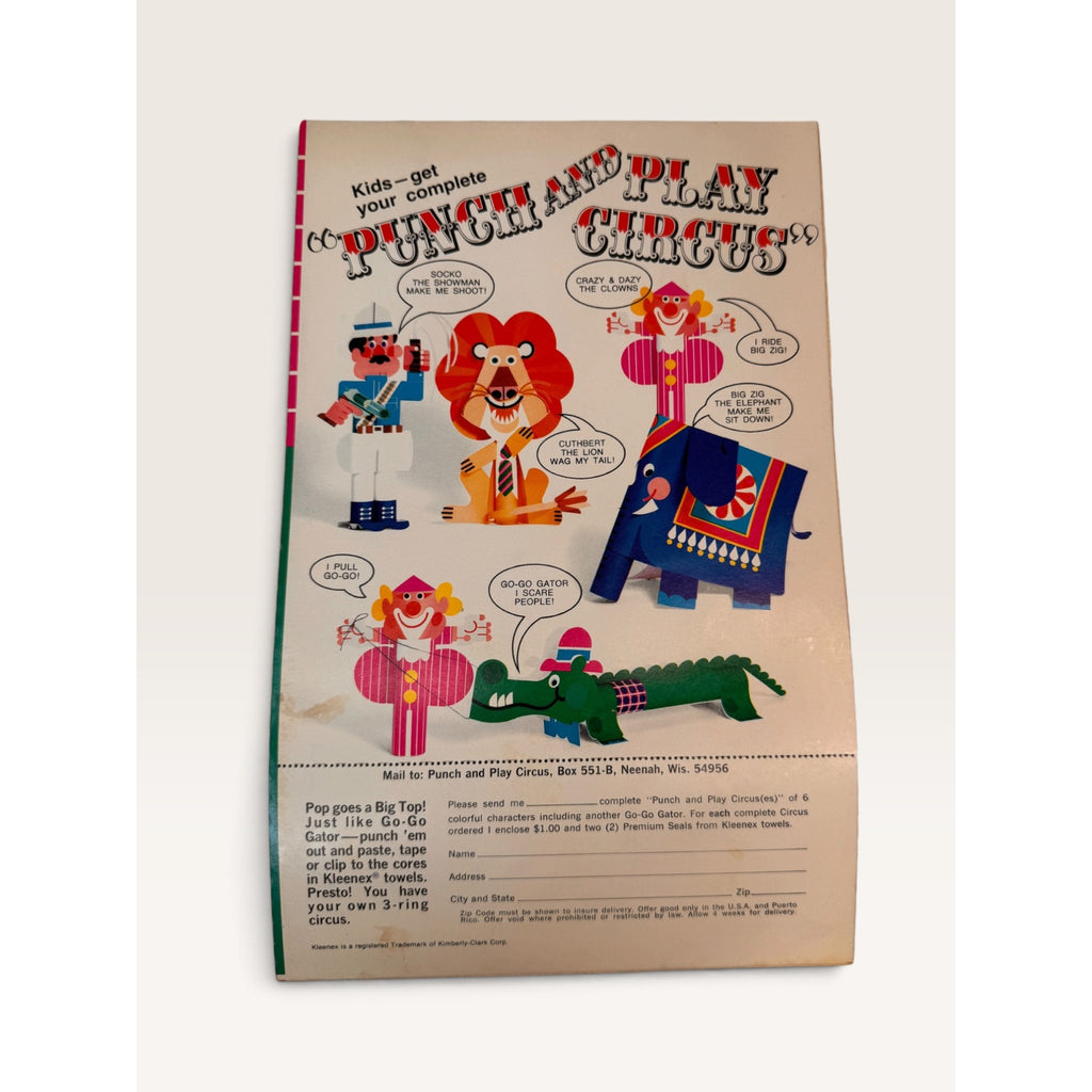 1967 Kleenex Towels Go-Go Gator Punch & Play Circus Paper Toy Unpunched