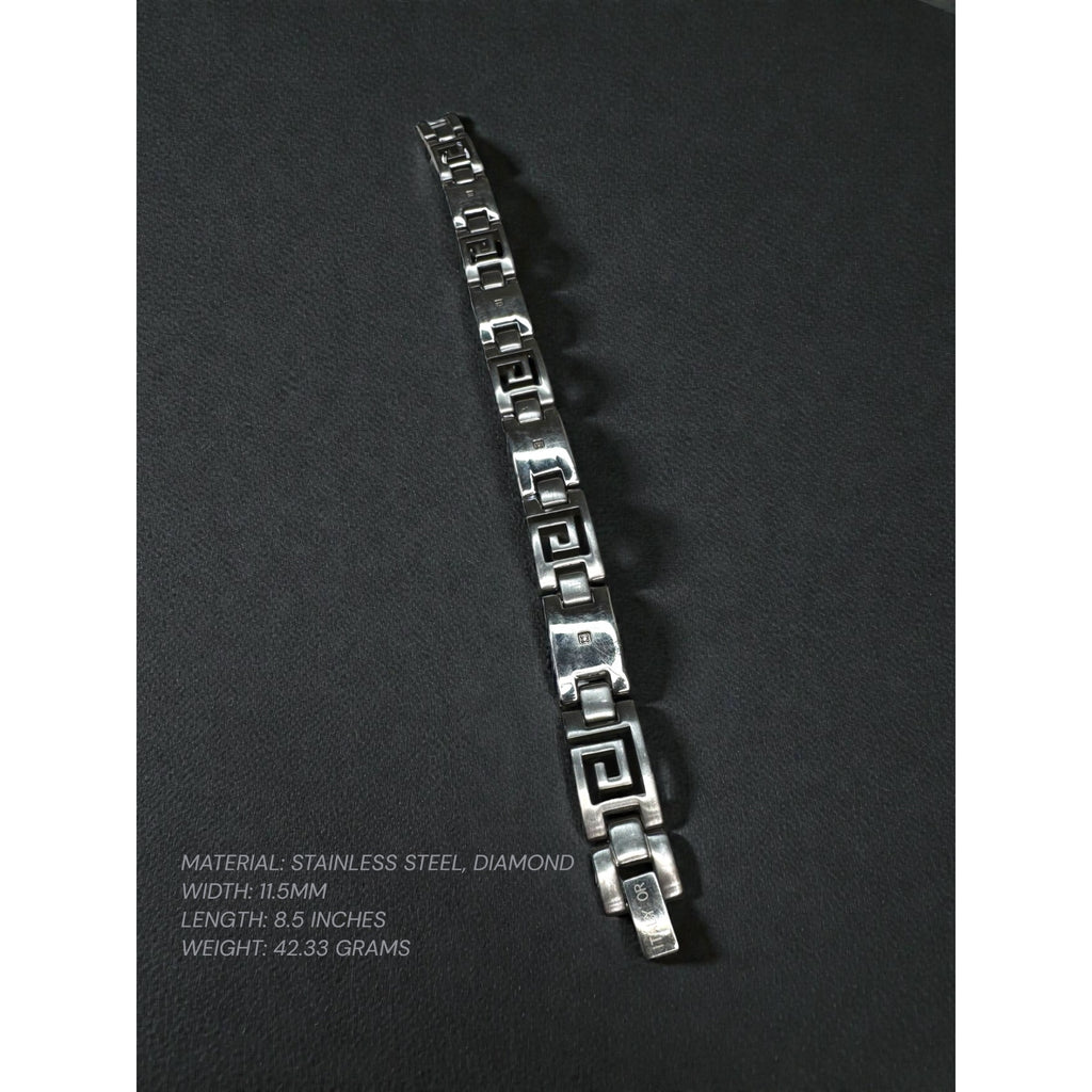 Italy OR Stainless Steel Greek Key Bracelet Diamond Accent 2000s