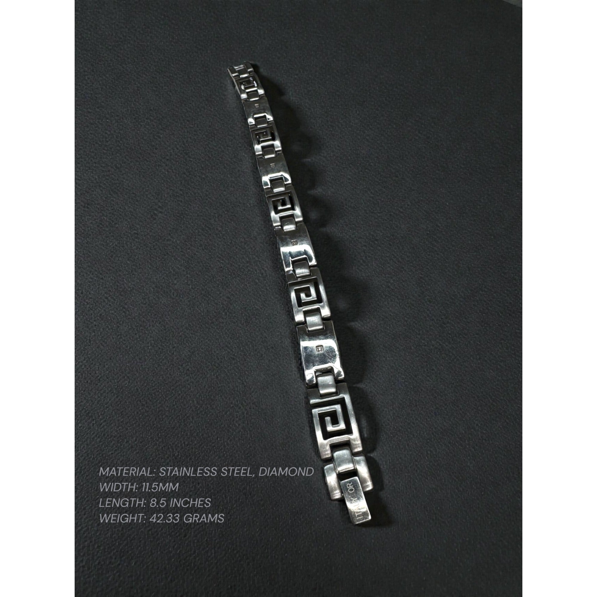 Italy OR Stainless Steel Greek Key Bracelet Diamond Accent 2000s