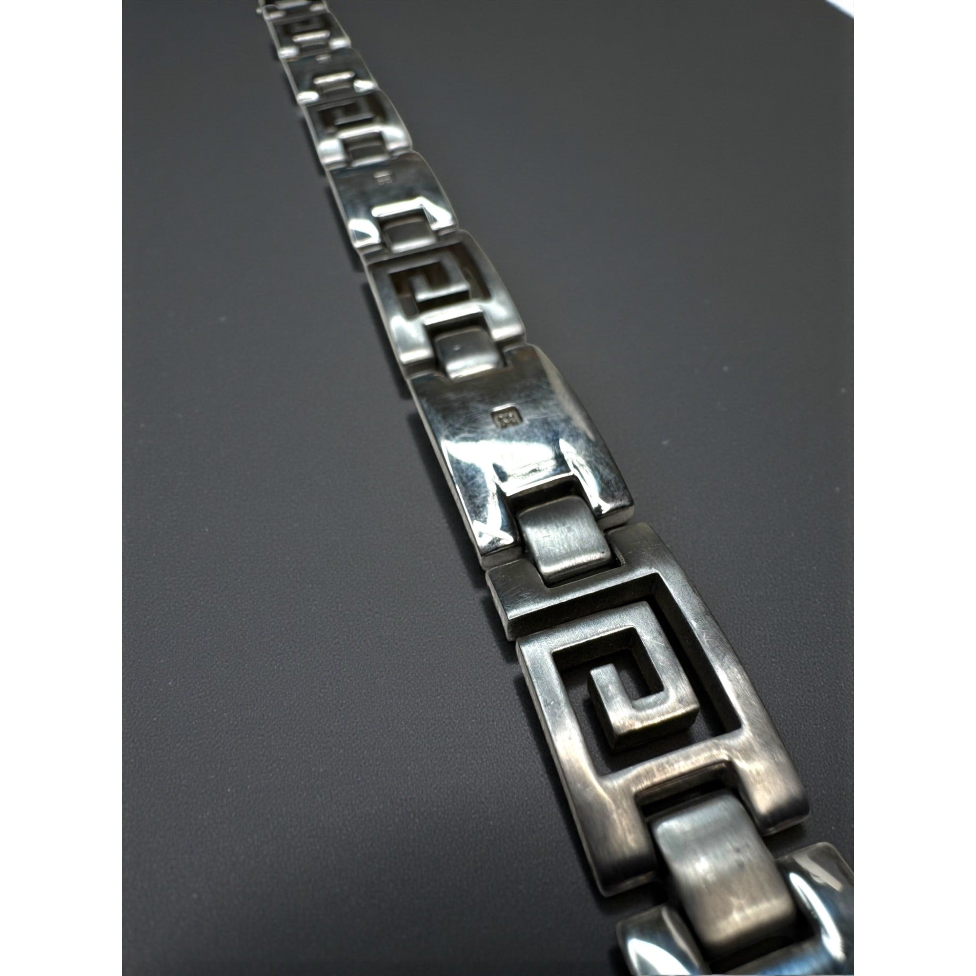 Italy OR Stainless Steel Greek Key Bracelet Diamond Accent 2000s