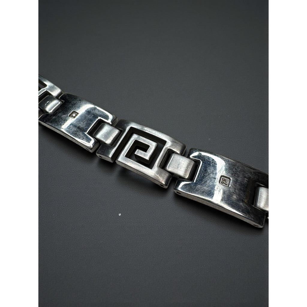 Italy OR Stainless Steel Greek Key Bracelet Diamond Accent 2000s