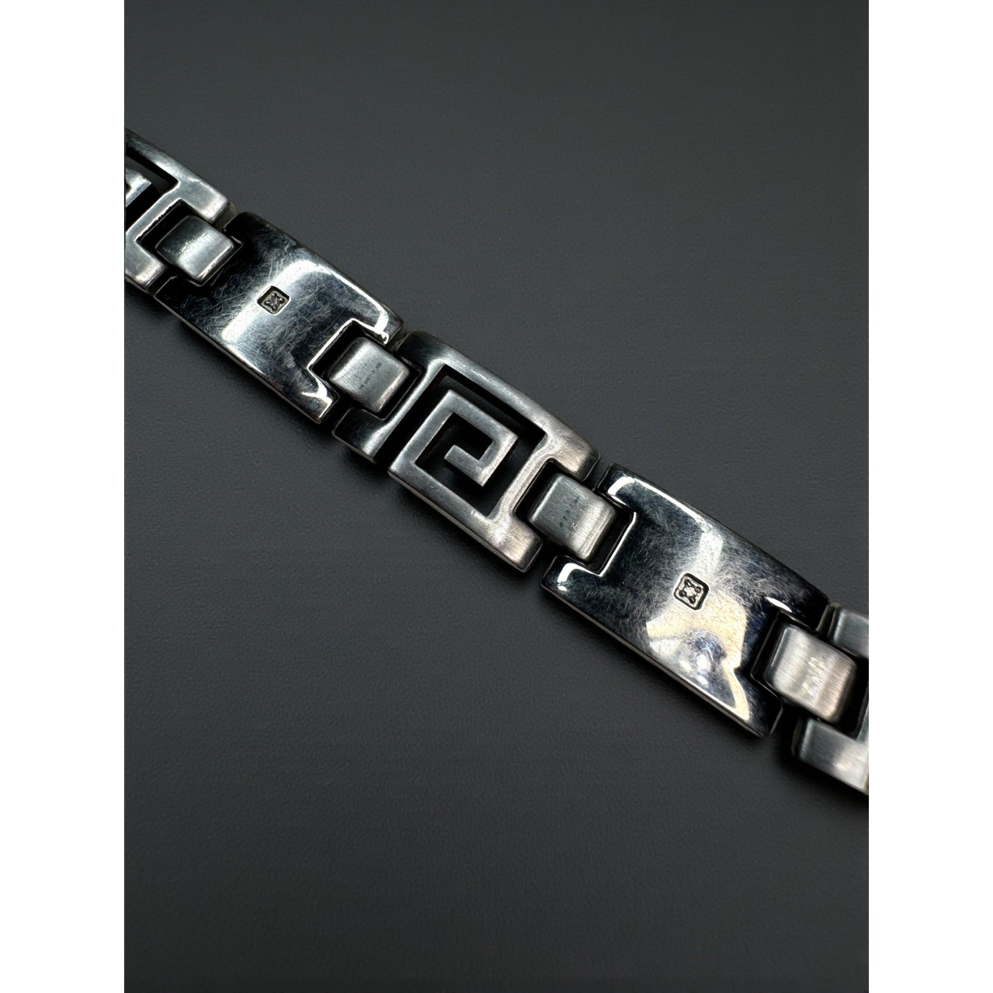 Italy OR Stainless Steel Greek Key Bracelet Diamond Accent 2000s