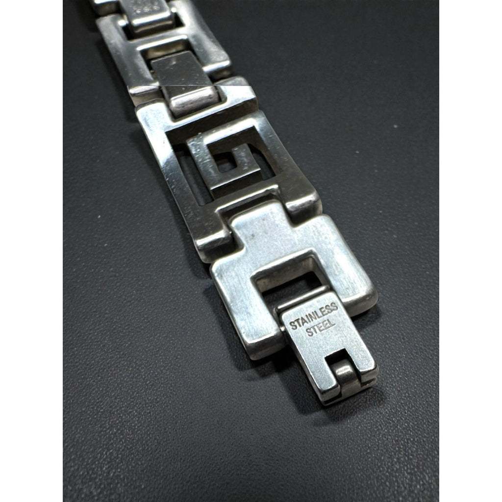 Italy OR Stainless Steel Greek Key Bracelet Diamond Accent 2000s