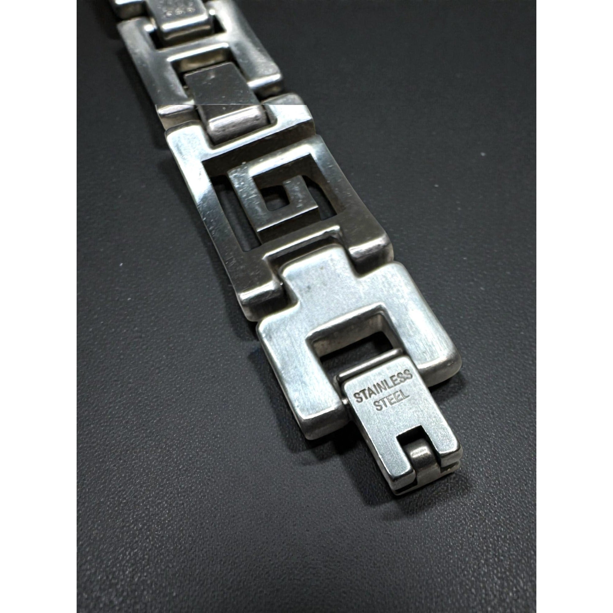 Italy OR Stainless Steel Greek Key Bracelet Diamond Accent 2000s