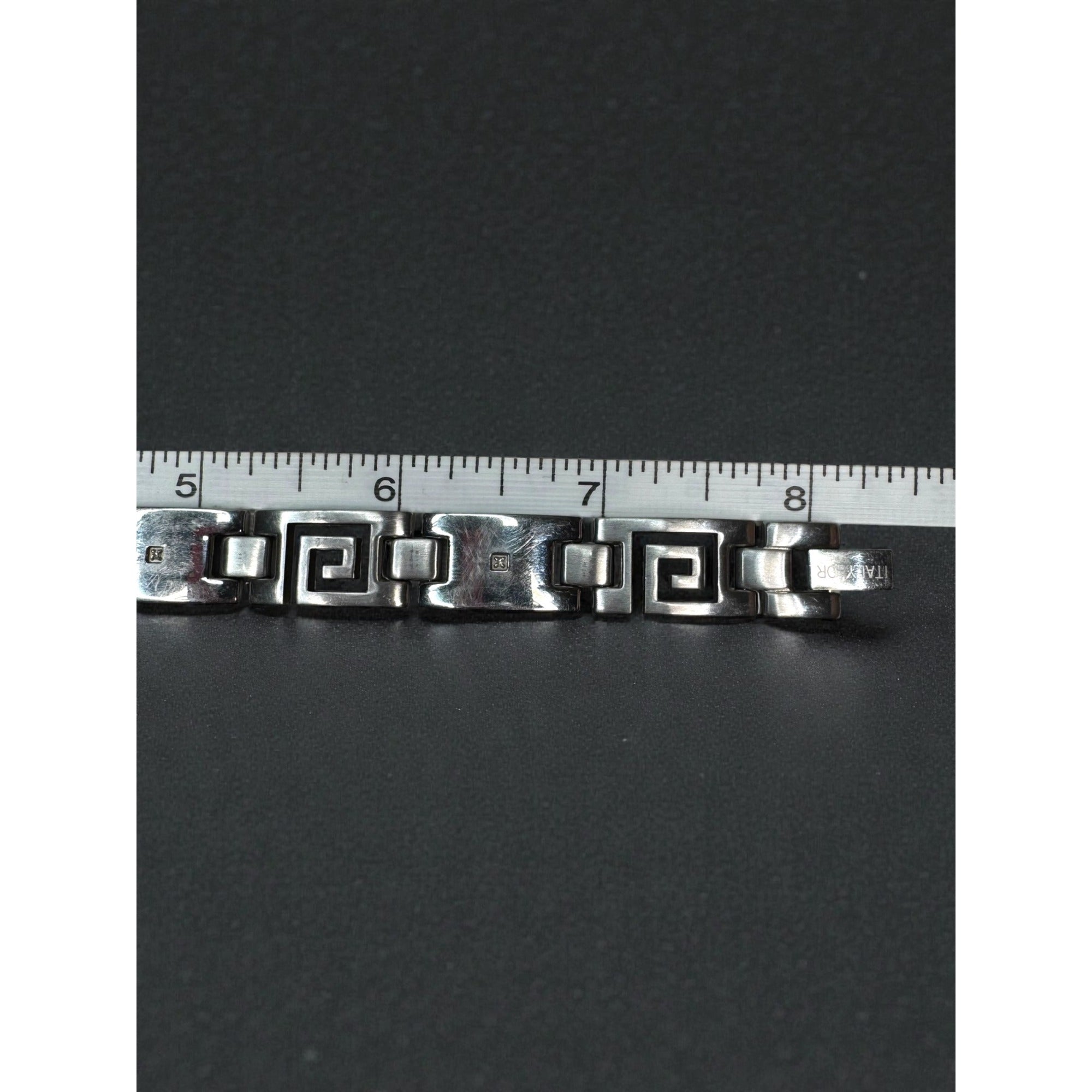 Italy OR Stainless Steel Greek Key Bracelet Diamond Accent 2000s