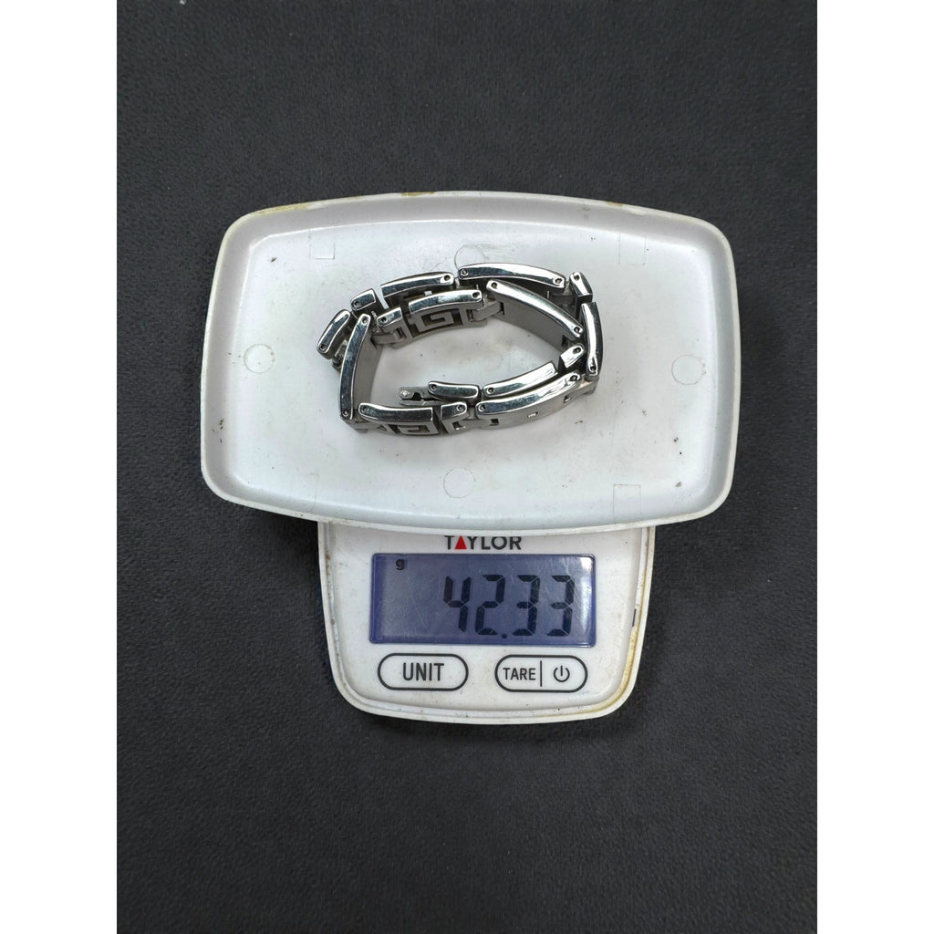 Italy OR Stainless Steel Greek Key Bracelet Diamond Accent 2000s