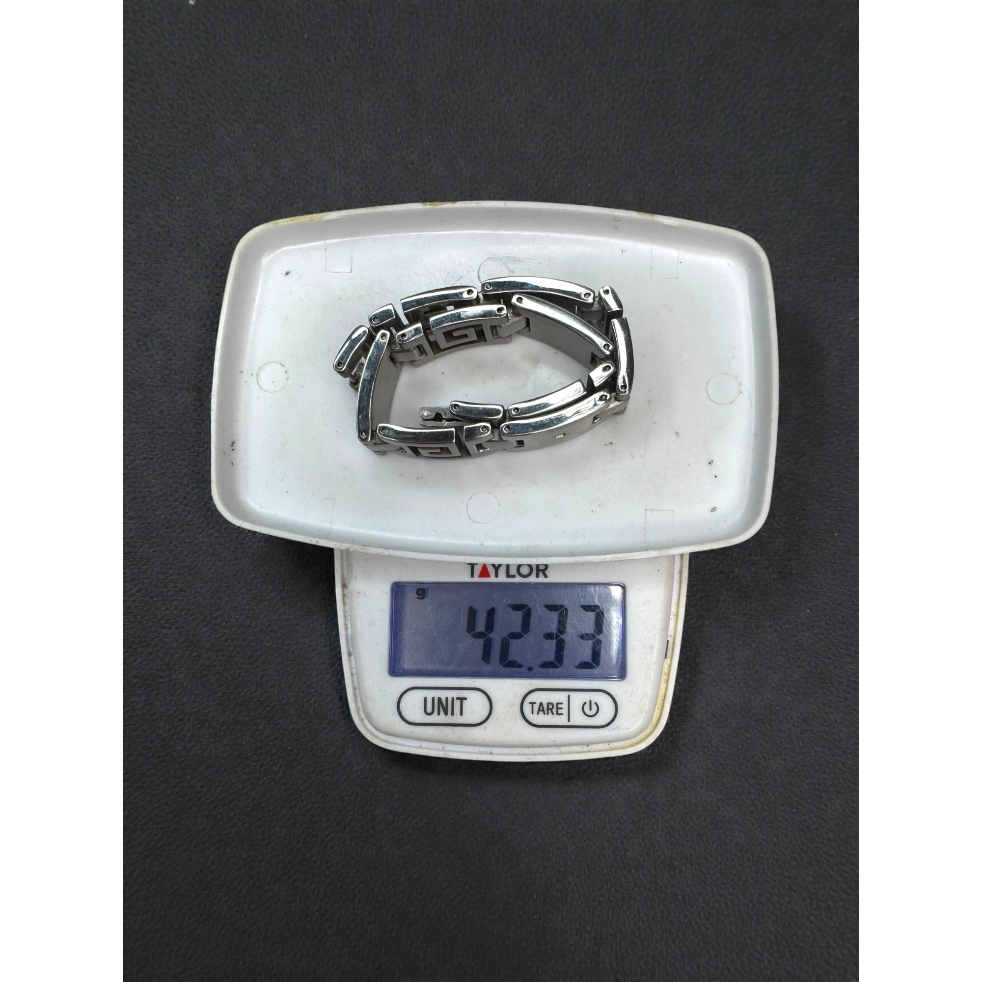 Italy OR Stainless Steel Greek Key Bracelet Diamond Accent 2000s