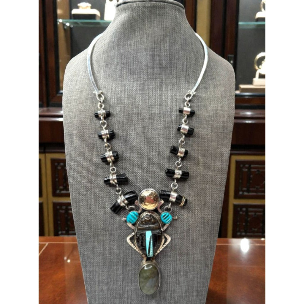 Hemerson Brown Navajo Sterling Scarab Necklace 14k Turquoise Labradorite 18in