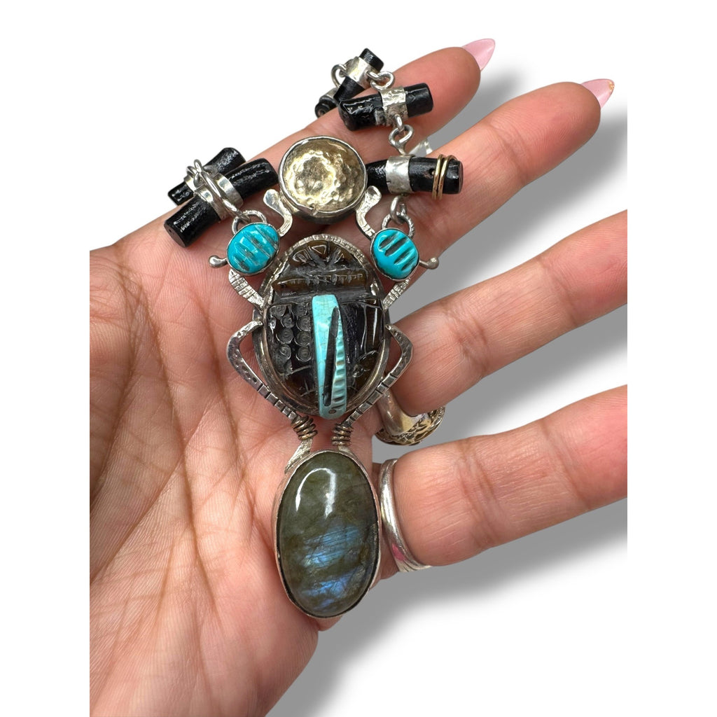 Hemerson Brown Navajo Sterling Scarab Necklace 14k Turquoise Labradorite 18in