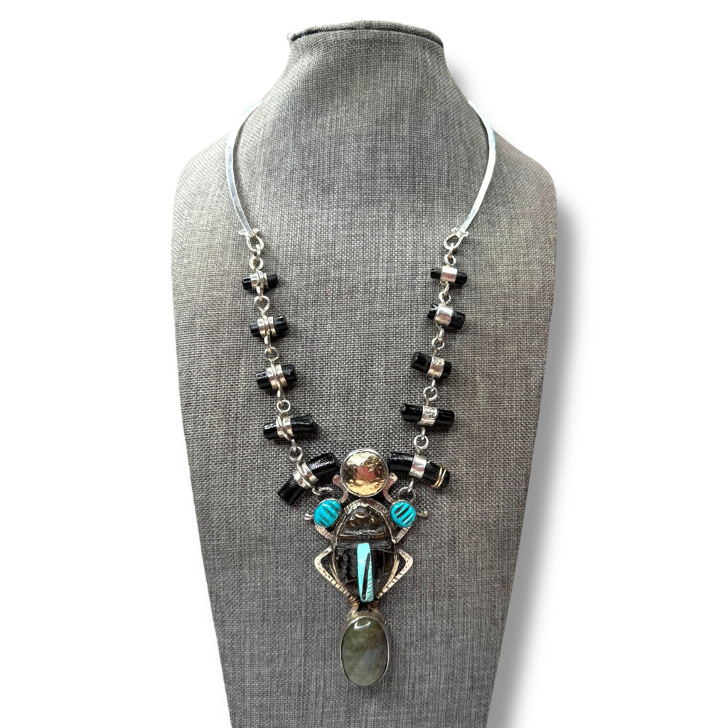 Hemerson Brown Navajo Sterling Scarab Necklace 14k Turquoise Labradorite 18in