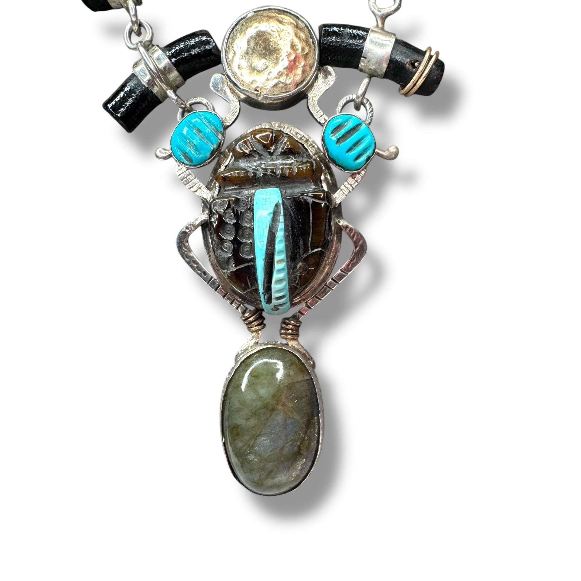 Hemerson Brown Navajo Sterling Scarab Necklace 14k Turquoise Labradorite 18in