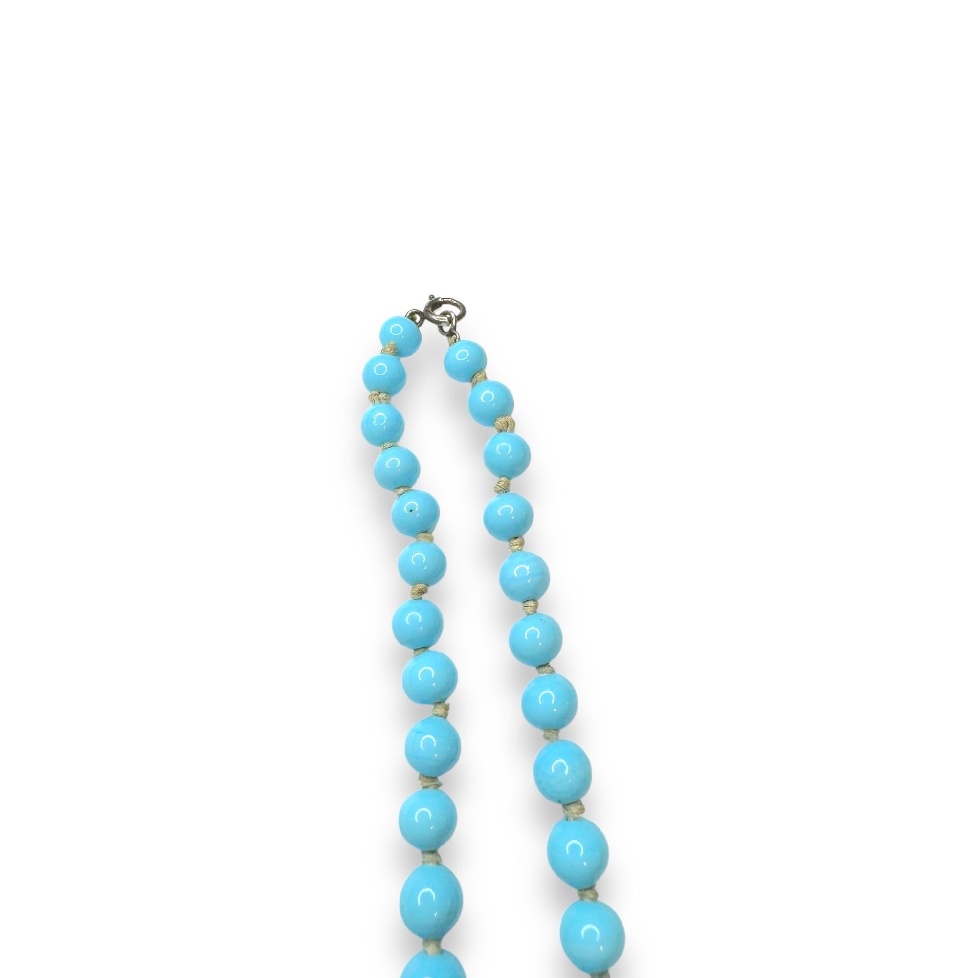 Blue Art Glass Beaded Necklace Sterling Silver Spring Ring Clasp 14.75" Vintage