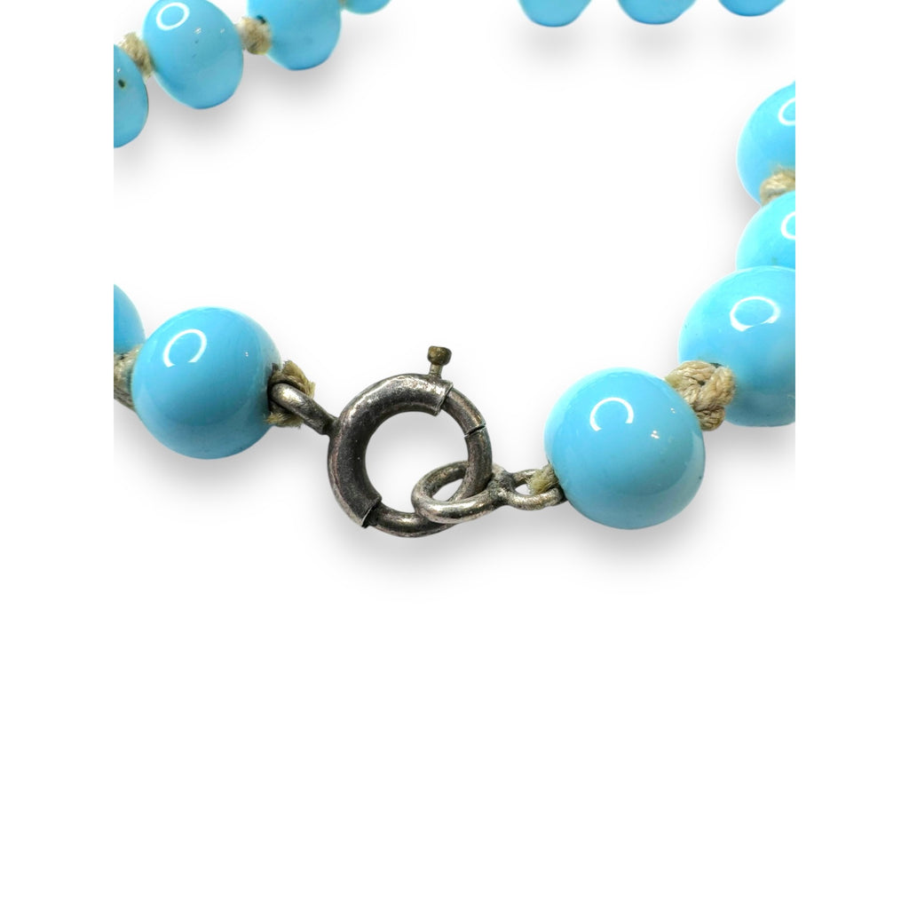 Blue Art Glass Beaded Necklace Sterling Silver Spring Ring Clasp 14.75" Vintage