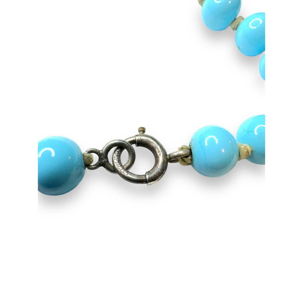 Blue Art Glass Beaded Necklace Sterling Silver Spring Ring Clasp 14.75" Vintage