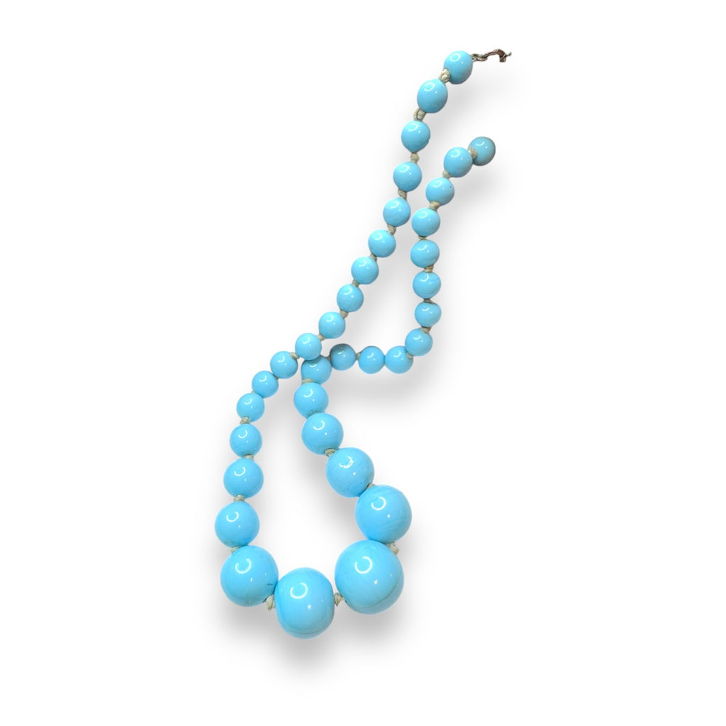 Blue Art Glass Beaded Necklace Sterling Silver Spring Ring Clasp 14.75" Vintage