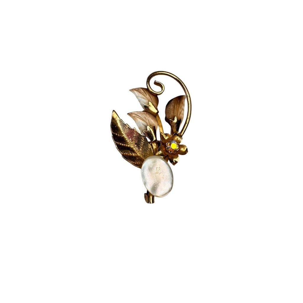Mother of pearl Carved Shell Flower Brooch Gold Tone Faux Pearl 1950s Vintage