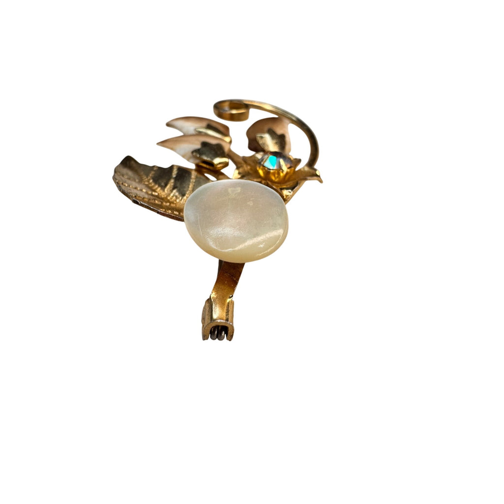 Mother of pearl Carved Shell Flower Brooch Gold Tone Faux Pearl 1950s Vintage